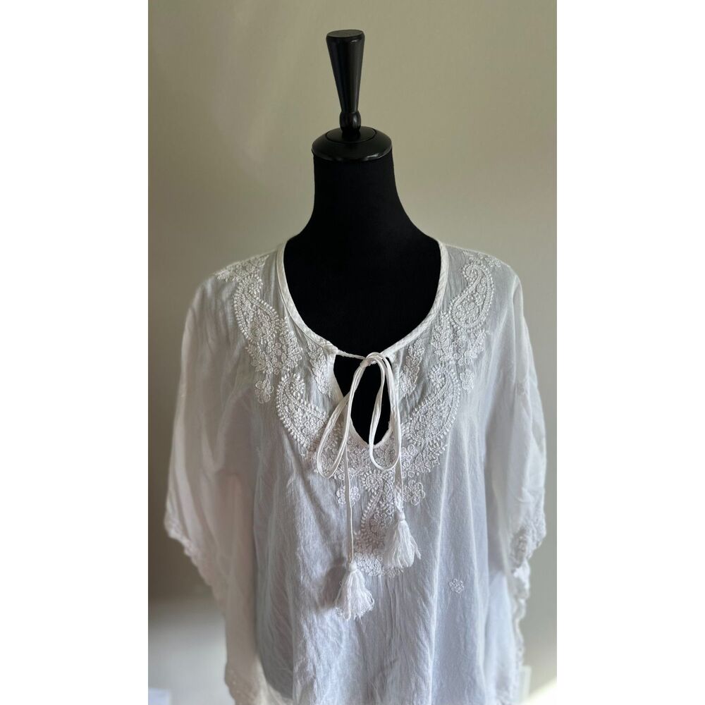 HOLI White Cotton Embroidered Tie Neck Tasseled Oversized Tunic Top Size L - Picture 3 of 7